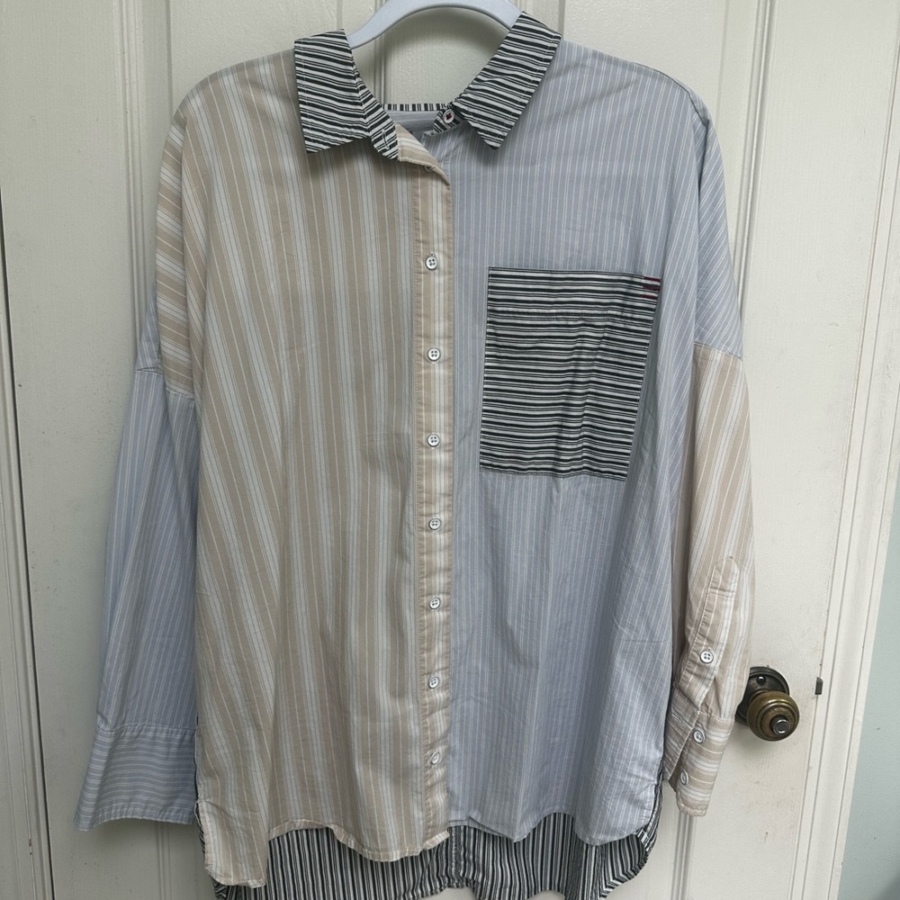 BDG Tan and Blue Casual Button Down Shirt with Patchwork Stripes